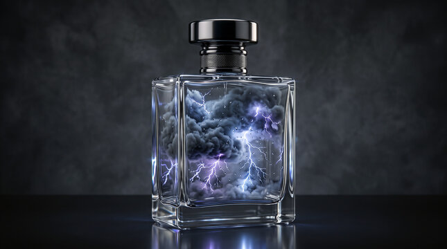 Glass perfume bottle containing dark storm clouds and lightning bolts.