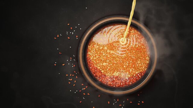 Hot Oil Poured Over Chili Flakes Sizzling Chili Oil Top View Animation