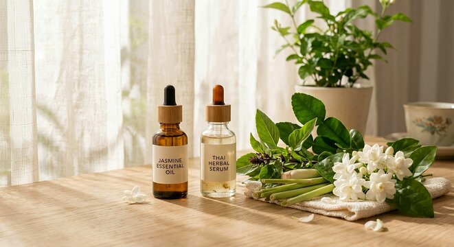 Minimalist Essential Oil Bottle with Thai Herbs and Jasmine Flowers on Wood Table
