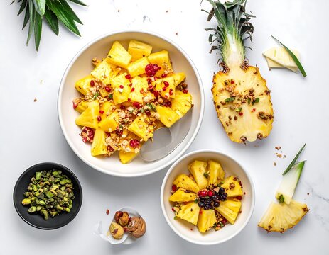 Fresh pineapple chunks and berries are served in white bowls on a bright surface.