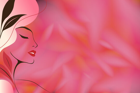 Elegant pink floral beauty and spa vector background with female profile line art 