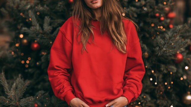 Women&rsquo;s red sweatshirt mockup with young female model wearing long sleeve casual shirt, festive christmas tree background, holiday apparel design, seasonal fashion, custom clothing print and winter we