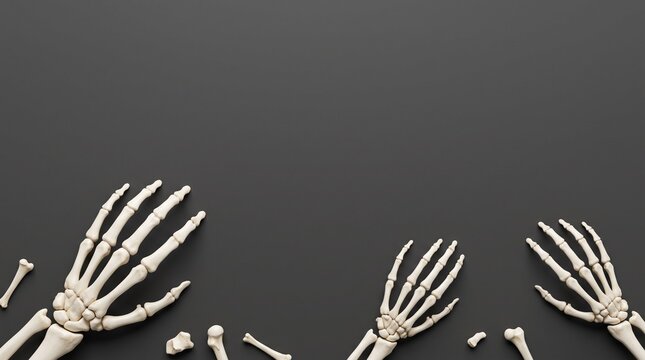 Human skeletal hands and bones arranged on a dark gray background