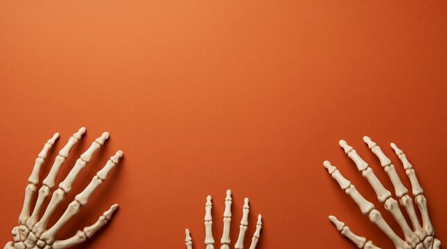 Skeletal hands extend from an orange toned background