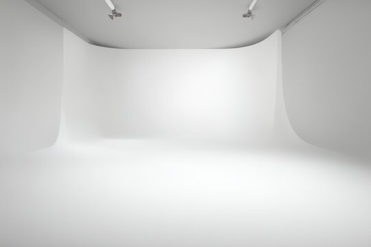 Empty white cyclorama studio with seamless curved backdrop evenly lit by soft diffused overhead lights and minimal shadows leading into smooth floor space for portrait or product photography.