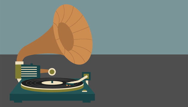 Vintage gramophone phonograph with a large brass horn playing a vinyl record on a two-tone minimalist background.