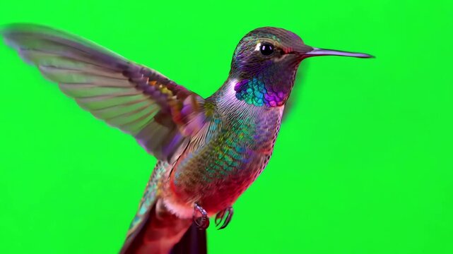 Vibrant hummingbird hovering steadily in mid-air against a bright green screen background with rapid wing movement