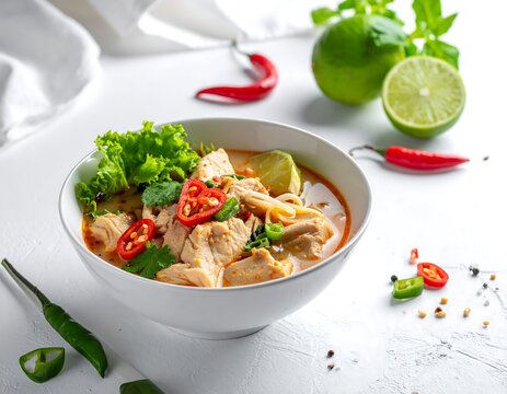 A white bowl filled with spicy chicken soup is garnished with fresh lime and chili peppers.