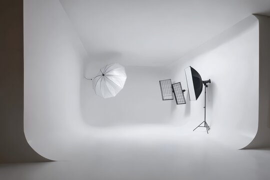 Minimal studio portrait setup with white cyclorama background, curved seamless sweep, and soft umbrella key light plus grid softbox illuminating model with wrapping glow