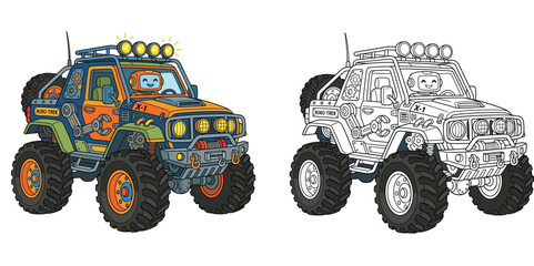 Cute cartoon off-road monster truck called robo-trek driven by a robot vector illustration and black and white coloring page set for kids transportation design © SHOHAG