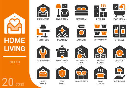 home and living filled glyph icon collection for web, app, UI, UX, dashboard, presentation and infographic and print design