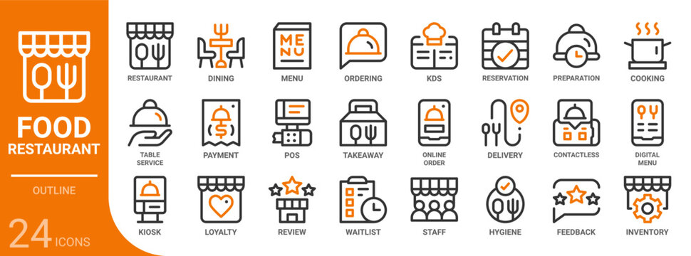 food and restaurant outline icon collection for web, app, UI, UX, dashboard, presentation and infographic and print design