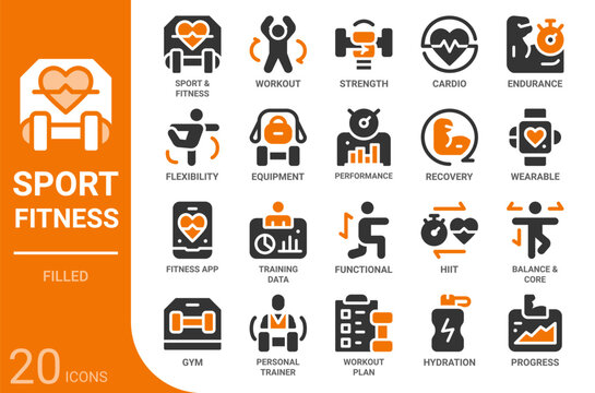 sports and fitness filled glyph icon collection for web, app, UI, UX, dashboard, presentation and infographic and print design
