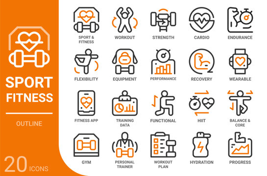 sports and fitness outline icon collection for web, app, UI, UX, dashboard, presentation and infographic and print design