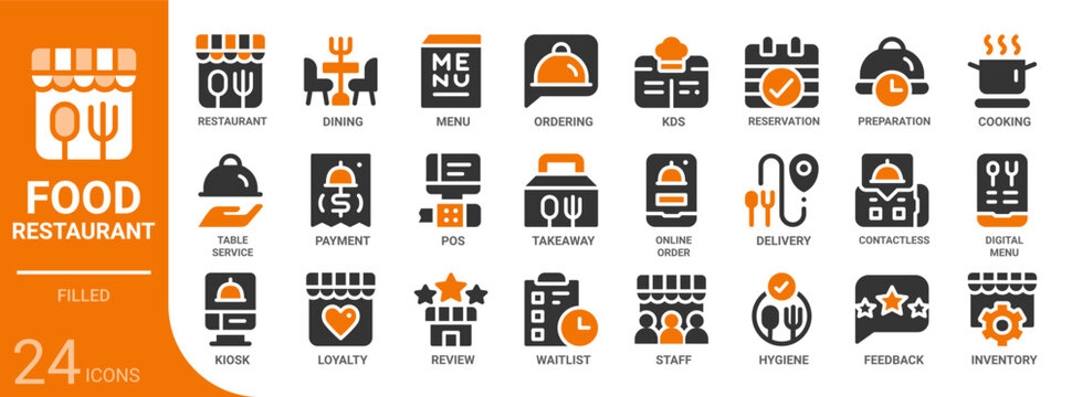 food and restaurant filled glyph icon collection for web, app, UI, UX, dashboard, presentation and infographic and print design