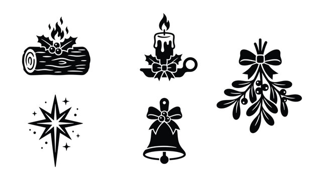 Christmas icons with holly mistletoe candle bell star and Yule log vector illustration