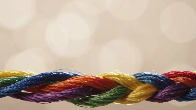 Macro colorful rainbow silk threads weaving together with copy space background