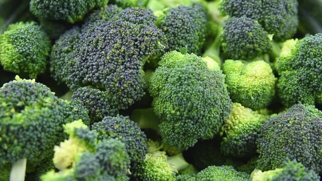 Close up view of raw fresh green broccoli florets in metal bowl and on wooden table surface background prepared for healthy vegan cooking.