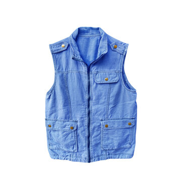 Blue denim utility cargo vest with multiple pockets and zipper closure isolated on white background.