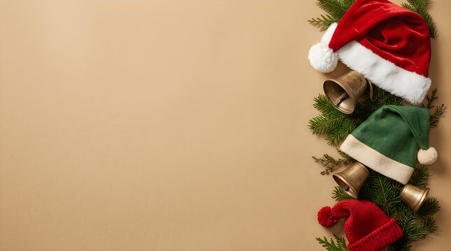 Christmas composition with Santa hats, elf hat and metallic bells on a warm beige background border