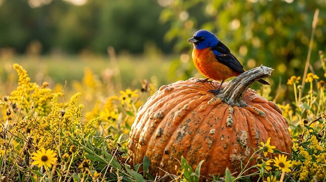 Eastern bluebird perched on a large pumpkin in autumn garden