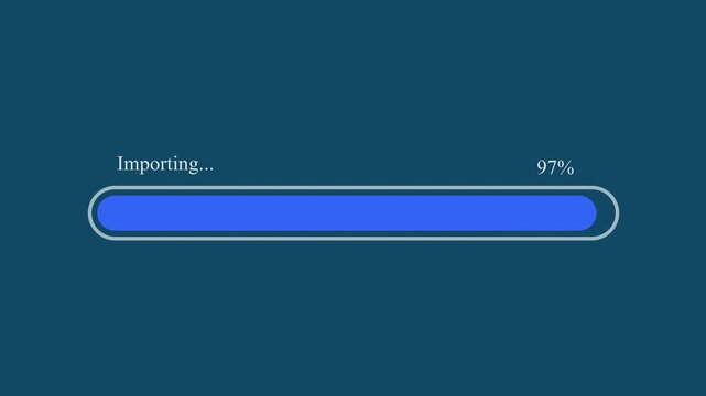 Motion graphic of blue importing progress bar reaching 97 percentage completion on dark blue background, depicting data import and file migration status.
