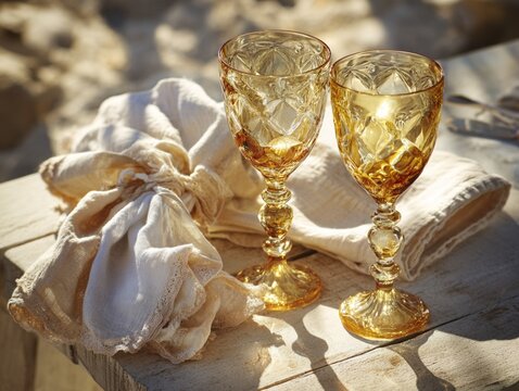 two amber glass goblets sit on a rustic wooden table