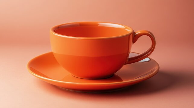 An orange ceramic cup and saucer sit on a matching surface