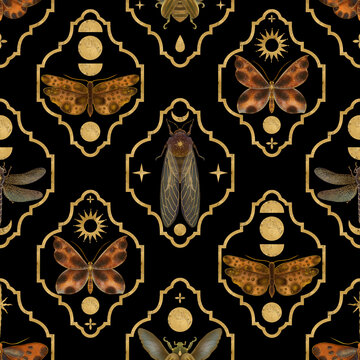 Dark esoteric seamless pattern featuring moths, butterflies, golden moon phases, and decorative damask lattice on a black background