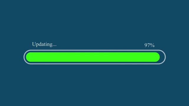 Motion graphic of green updating progress bar reaching 97 percentage completion on dark blue background, depicting software update and system upgrade status.
