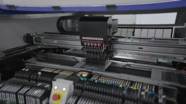 SMT pick and place machine installs components on circuit board. Electronics factory. Smartphone production line