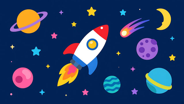 Cute flat cartoon rocket flying among planets in space