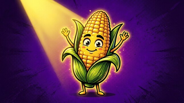 Cute cartoon corn on the cob character waving arms under spotlight on purple background.