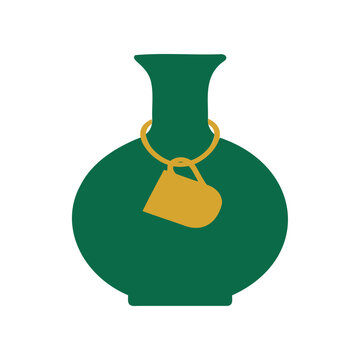 Public water jug icon, clay jug with hanging cup offering water to passersby, Ramadan charity