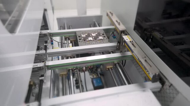 Circuit board panel moving on automated conveyor. SMT production line. Electronics factory