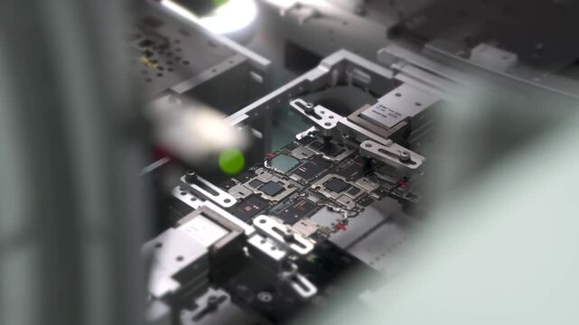Automated machine processing smartphone motherboards. Circuit boards on production line. Electronics factory