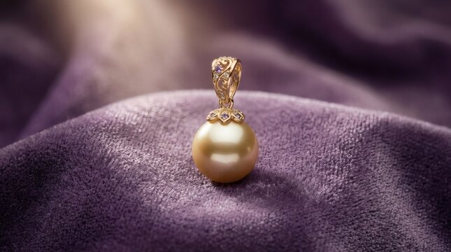 Golden south sea pearl pendant with a diamond encrusted bail on a luxurious purple velvet.