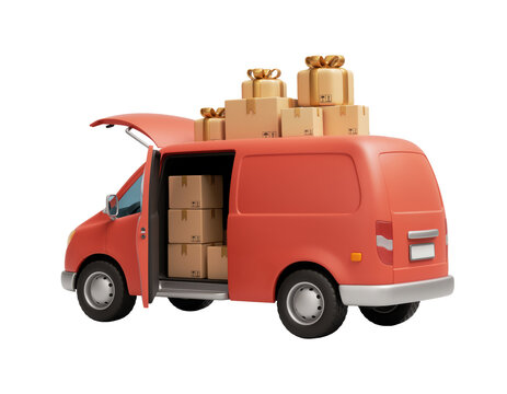 Red Delivery Van Loaded With Packages and Gift Boxes on Roof and Inside - Shipping and Logistics Concept