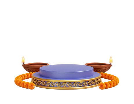Diwali Diyas and Marigold Festive Podium With Ornate Gold Trim For Product Display