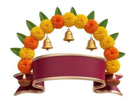 Diwali Marigold Garland With Bells, Oil Lamps and Decorative Ribbon For Festival Celebration