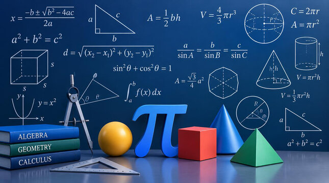 glowing math formulas on blue background 