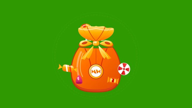 Cartoon animation of a festive orange Halloween trick or treat bag filled with sweets and surrounded by floating colorful candies, isolated on a green screen background for easy chroma keying.