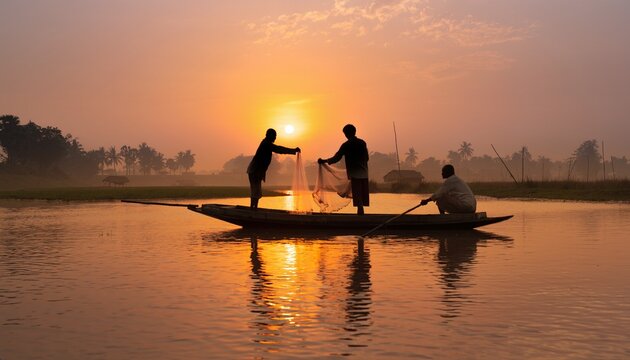 Silhouette of three fishermen casting net from wooden boat at golden sunrise river
