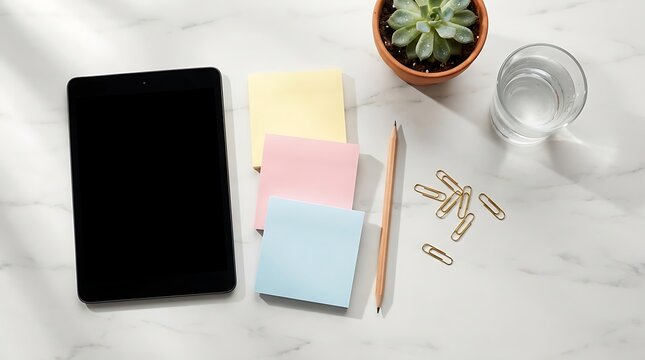 Minimalist workspace with black digital tablet on white marble desk, modern home office setup featuring pastel sticky notes and stationery, clean professional desk flat lay for productivity