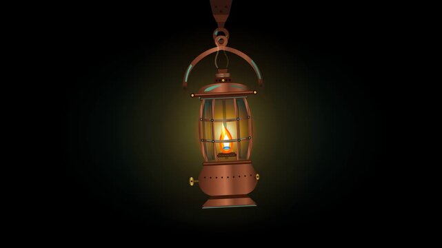 Vintage copper lantern with a glowing flickering flame hanging in the darkness, creating a mysterious and spooky atmosphere perfect for Halloween celebrations and haunted house decor.