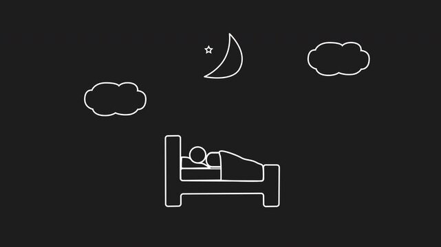 White line walking human under a sun and sleeper in bed under moon and stars. Shows circadian timing. For science and infographic visuals on dark background