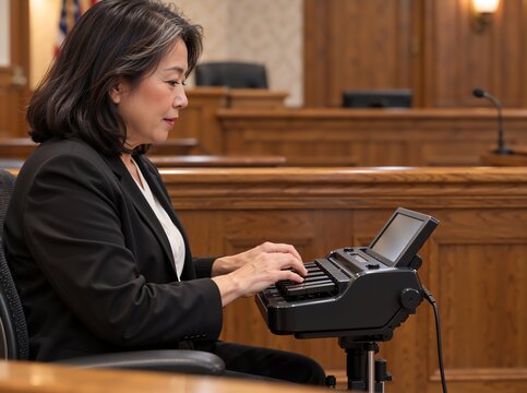 Middle-aged Asian woman court stenographer operates stenotype machine in courtroom. She wears a professional black suit and is focused on her task of creating an official record of the judicial