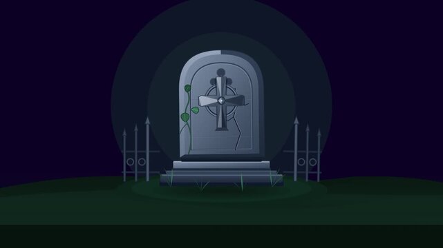 Spooky vector illustration of a cracked stone tombstone with a cross and green vines in a dark graveyard at night, ideal for a mystery or hallowen themed background and seasonal graphic design.