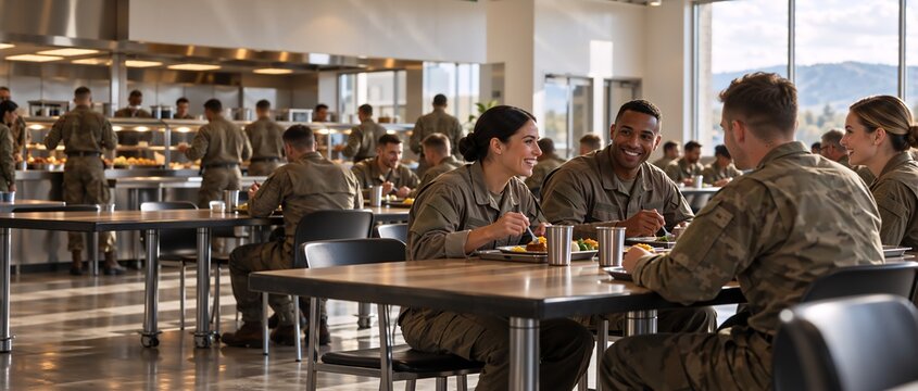 Diverse group of soldiers in military uniforms eating meals together in a bright, modern army mess hall, smiling and interacting during a lunch break, large windows with natural light