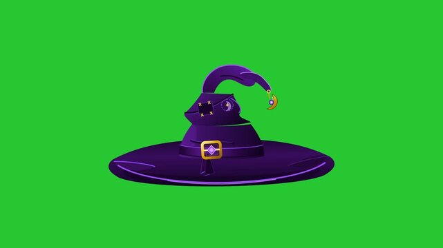 Purple cartoon witch hat featuring a golden buckle and moon pendant perfect for Halloween spooky season celebrations. Whimsical wizard headwear illustration isolated on green screen for chroma key.